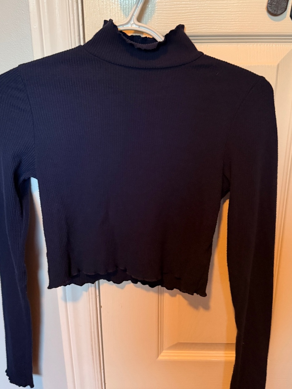 Aerie Crop Ribbed Mock Neck Long Sleeve Top - Black